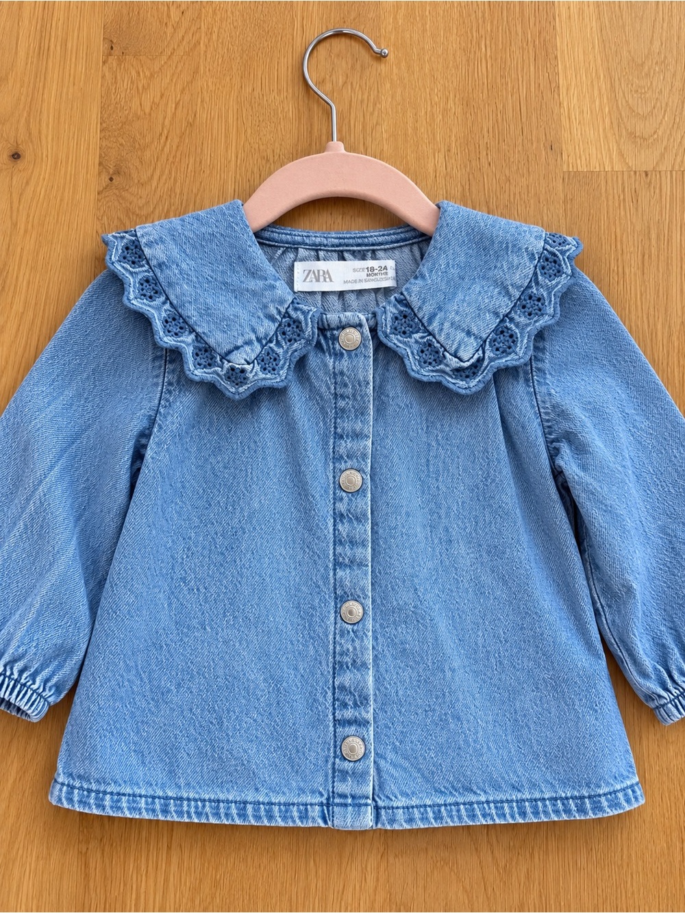 Zara Light Blue Denim Top with Lace-Trim Peter Pan Collar